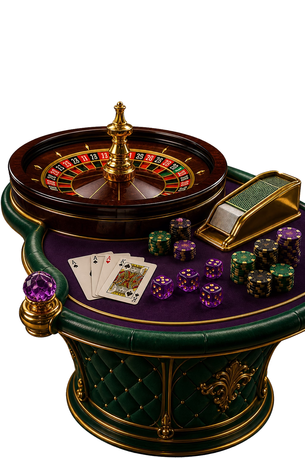 Cazimbo Spiele mit Roulette, Karten, Würfeln und grünen Casinoakzenten