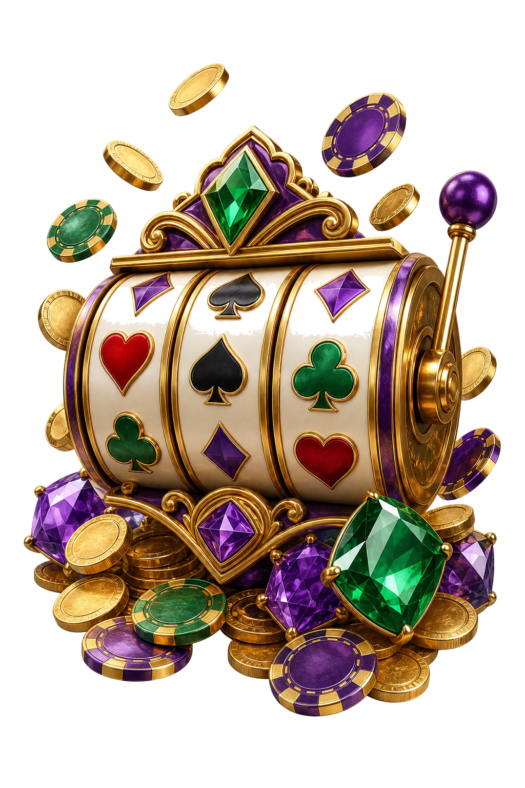 Cazimbo Spielautomaten mit Walzen, Chips und violett-grüner Casinooptik